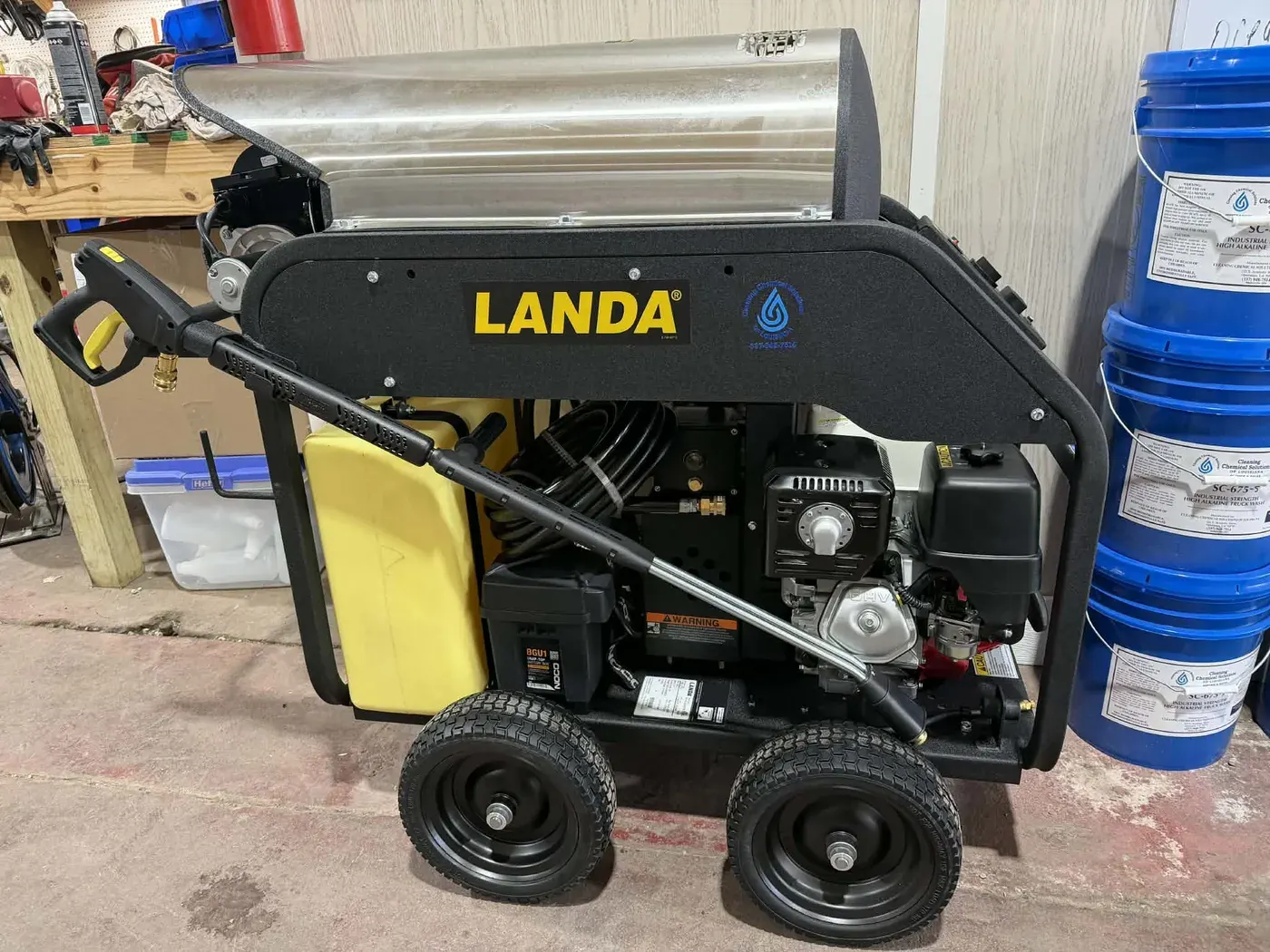 Landa hot water pressure washer on the shop floor